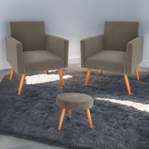 Jogo de Poltronas e Puff Austin Veludo Cappuccino