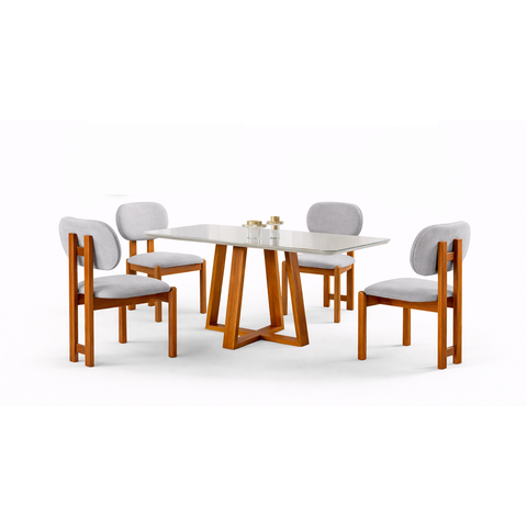 Sala de Jantar 4 Lugares Estrela Mesa e Cardeiras Organicas Madeira Maciça Linho Cinza Prata
