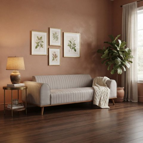 Sofá Living Átila 2,50m 5 Lugares Veludo Bege