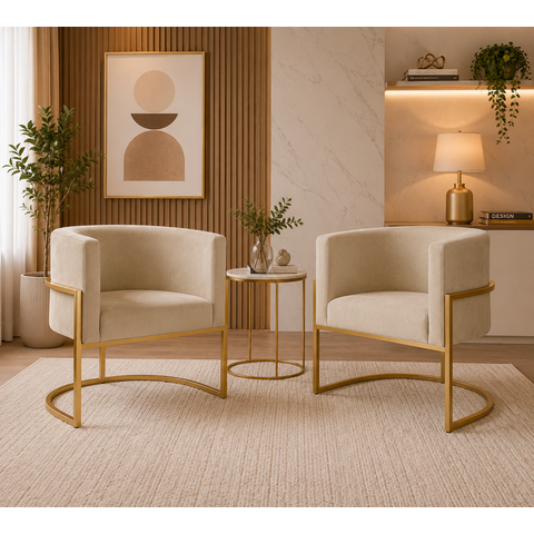 Kit 2 Poltronas Decorativa Sala de Estar Luana Base Gold Suede Bege - Montanaris Decor