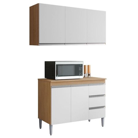 Balcão de Cozinha com Tampo 100cm e Armário Aéreo 3 Portas Andréia Amêndoa Branco - Ajl
