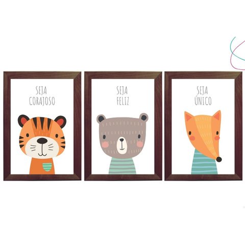 3 Quadros Decorativos Infantil Animais Fofos Safari Floresta:tabaco