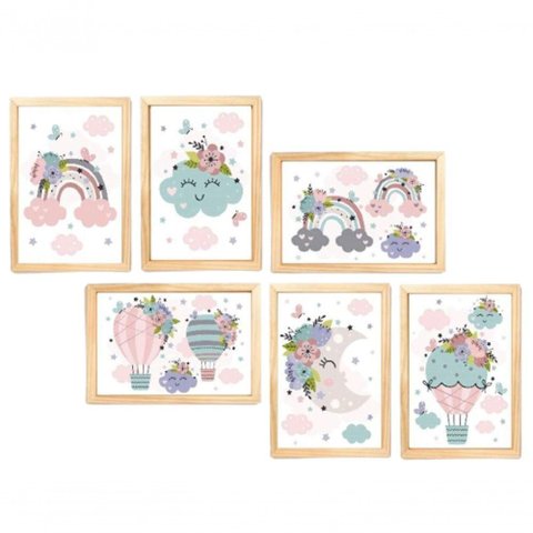 Quadro Infantil Menina 6 Un A4 Vidro e Pendurador