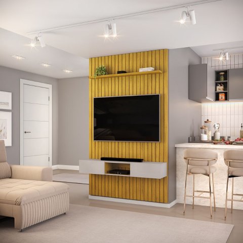Conjunto com Painel Ripado e Bancada Suspensa 143cm Trento para Sala de Estar Cedro Bali DJ Móveis