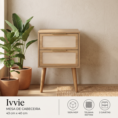 Mesa de Cabeceira Ivvie 2 Gavetas 100% MDF 2 Gavetas Tauari/Dourado - Telinha Rattan