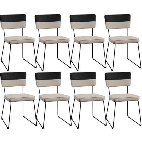 Kit 08 Cadeiras Decorativas Estofada Allana L02 Faixa Corano Preto Linho Bege - Lyam Decor
