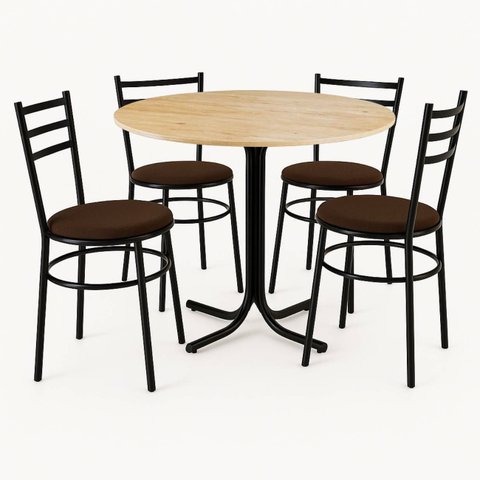 Mesa de Jantar Redonda 80cm Pinus com 4 Cadeiras Estofada Preta