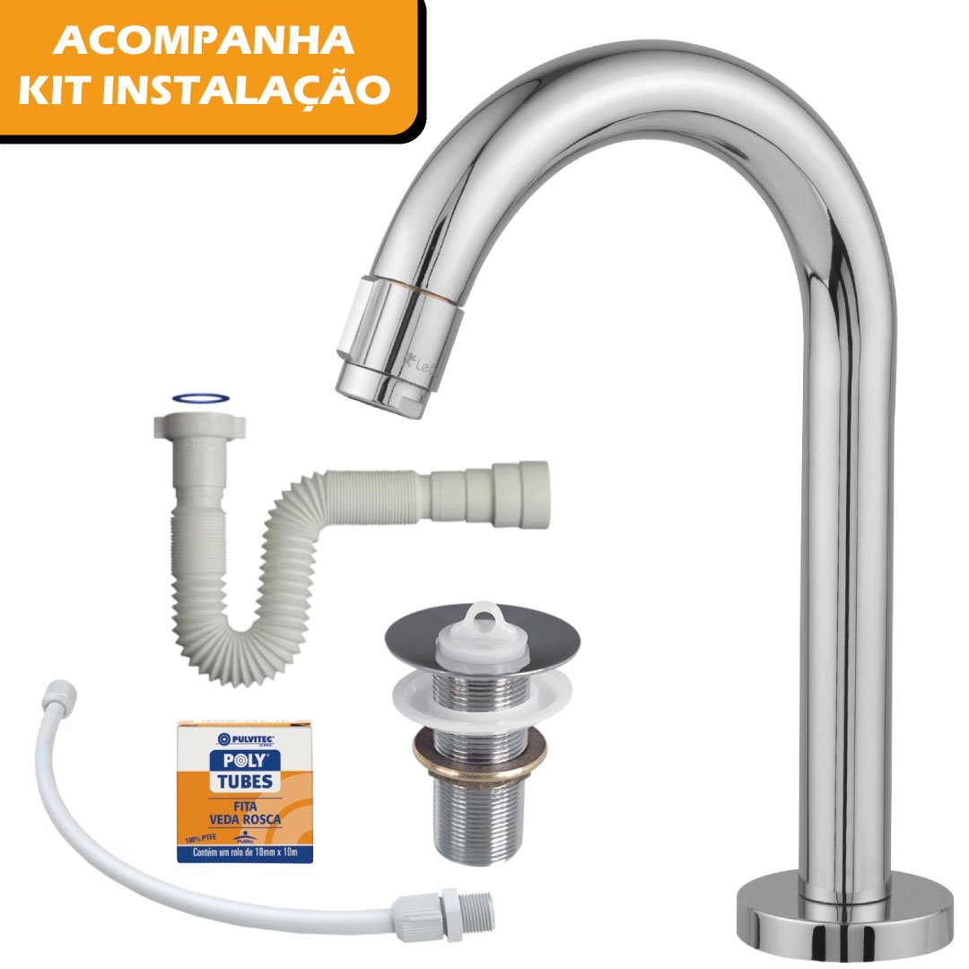 Torneira Banheiro Lavatório Metal Leão Metais 22cm Bica Alta c/ Kit Instalação Torneira Para Banheir - 1