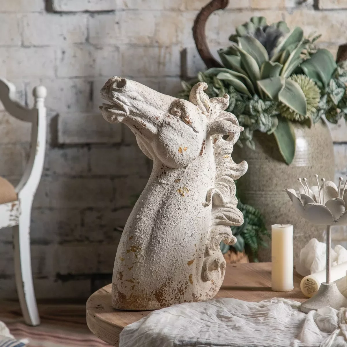 Escultura Cavalo Resina Enfeite Branco Vintage 54x44 - 4