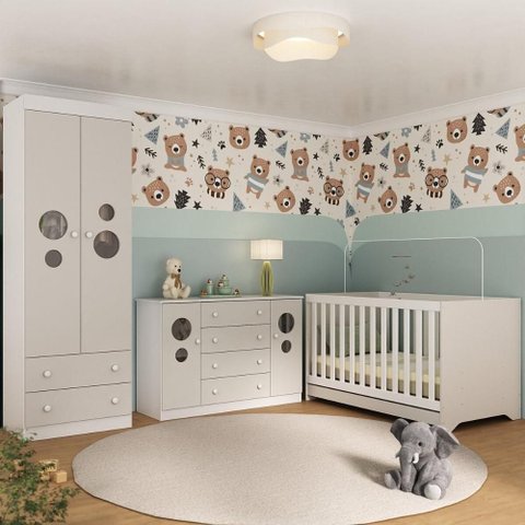 Quarto de Bebê Completo com Berço Americano 3 em 1 Pirulito Multimóveis Mp4625 Branco/off White