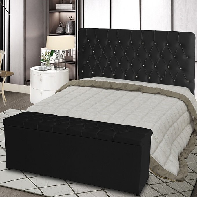 Kit De Quarto Cabeceira De Cama Box e Calçadeira Baú Bella Casal 140 cm Suede Botão Strass Preto Ec  - 2