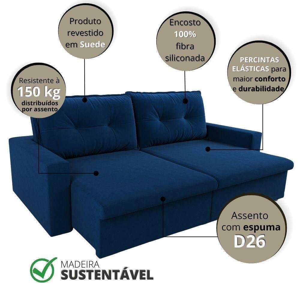 Sofá Deep Retrátil 3 Lugares Suede Azul Marinho 180cm Azul MadeiraMadeira