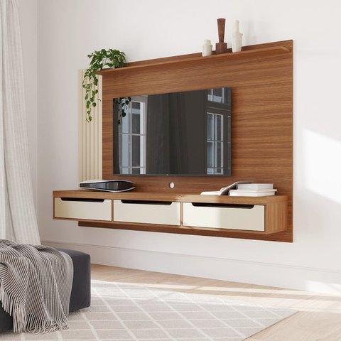 Painel para Tv até 75 Polegadas 3 Gavetas 1 Prateleira com Ripado Copiapó - Cinamomo / Off White