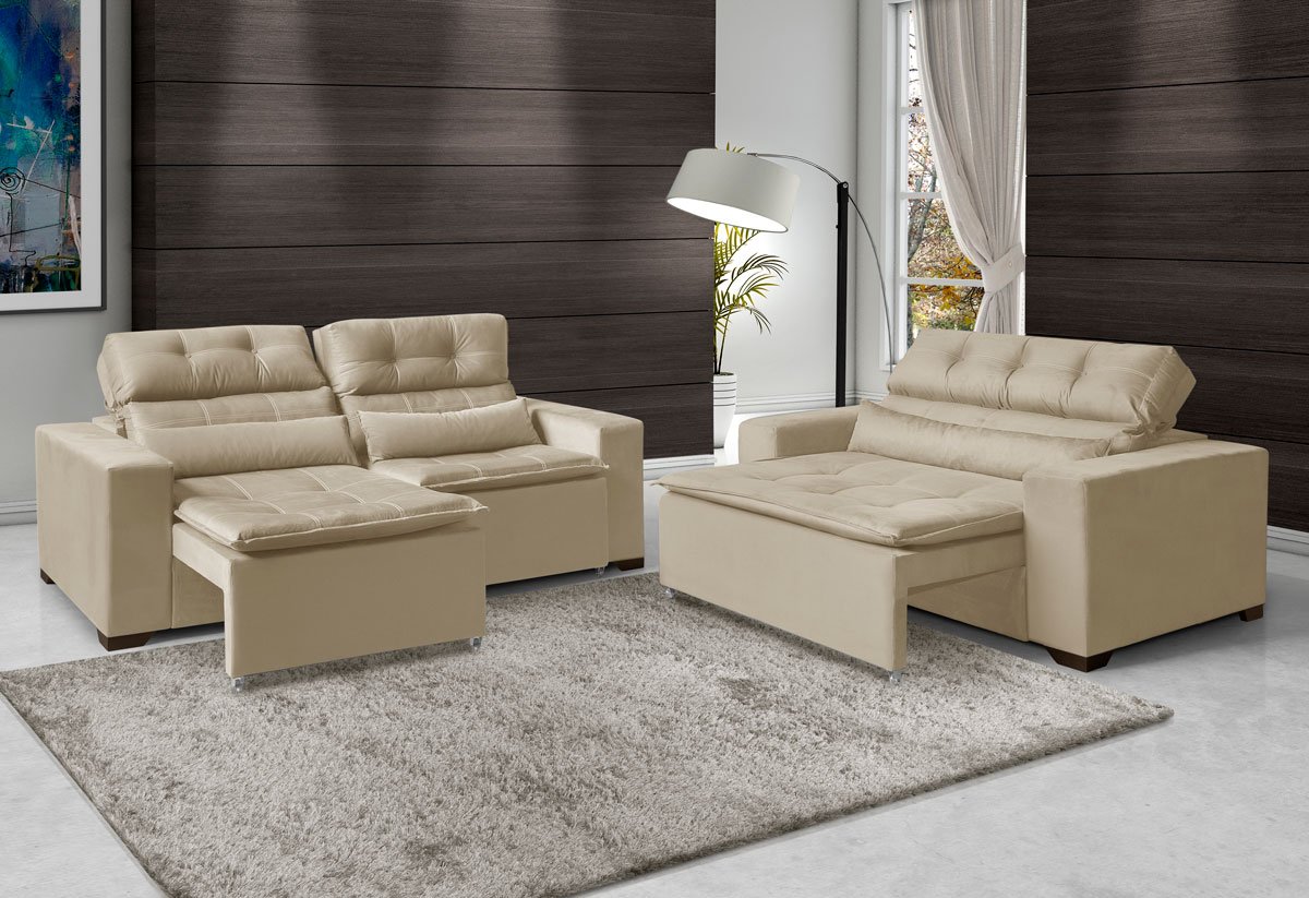 Conjunto Sofá Retrátil Reclinável 2 e 3 Lugares Belga Bege | MadeiraMadeira