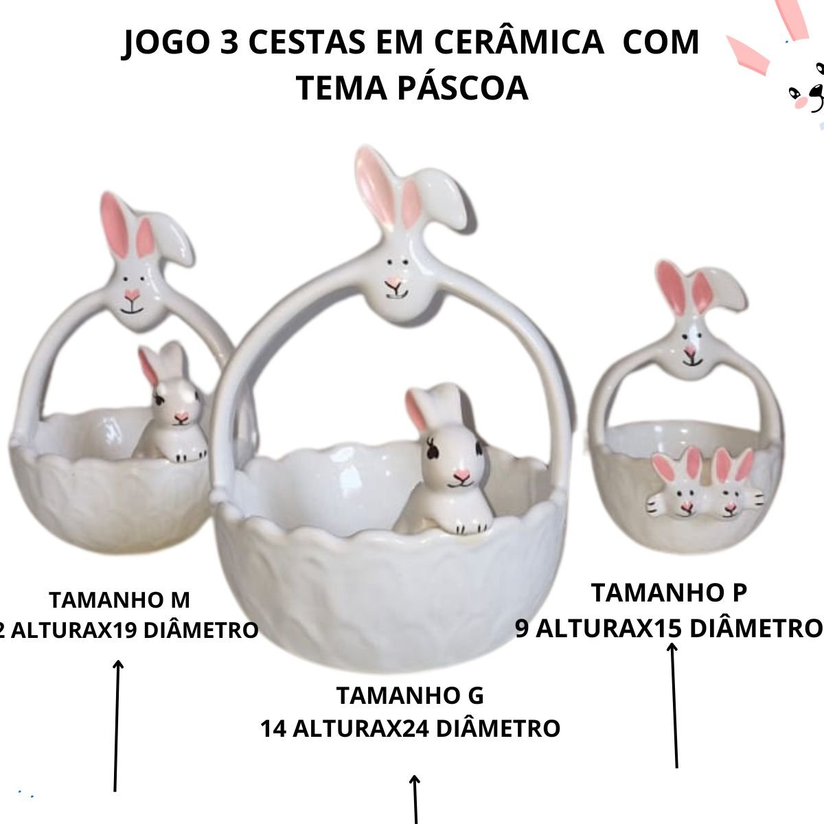 Cesta de Páscoa Cerâmica Decorativa Jogo com 3 Peças Casa Dami Decor Cesta de Páscoa, Porta Ovos, Ce - 4