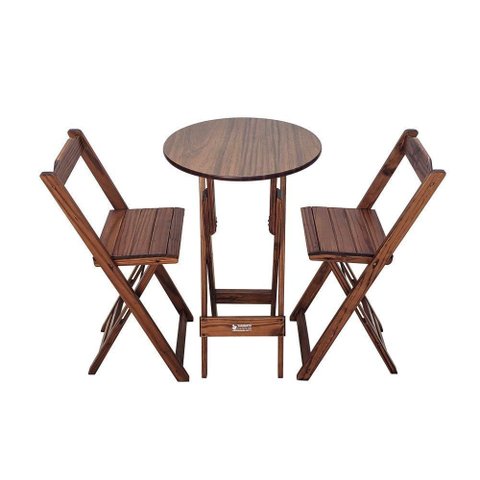 Conjunto Bistrô Mesa Dobrável de Madeira Redonda com 2 Banquetas Imbuia - Tarimatã