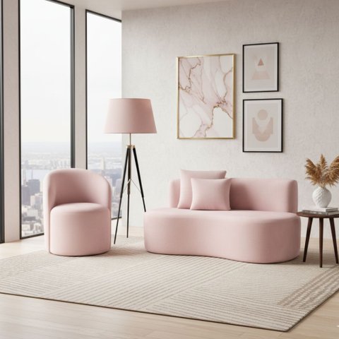 Conjunto 01 Poltrona + Sofá Curvo Orgânico Nature Gaia Veludo Rosê - Montanaris Decor
