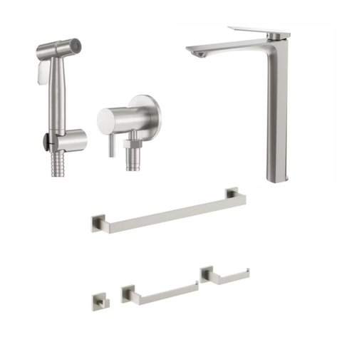 Kit Banheiro Prata Escovado: Torneira Atenas Alta, Ducha Higiênica e Acessórios 4 Peças
