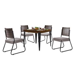 Conjunto Sala de Jantar Mesa Espanha 90cm com 4 Cadeiras em Aço e Junco Madri Mais Decor Linho Claro - 1