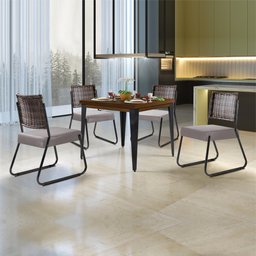Conjunto Sala de Jantar Mesa Espanha 90cm com 4 Cadeiras em Aço e Junco Madri Mais Decor Linho Claro - 9