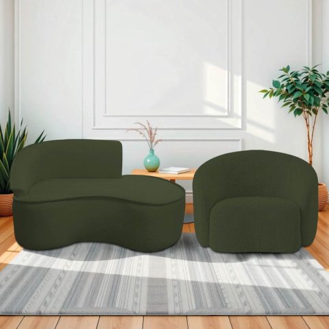 Kit Divã Recamier Orgânico Marrocos 150cm Lado Direito e 1 Poltronas Amore Linho Verde