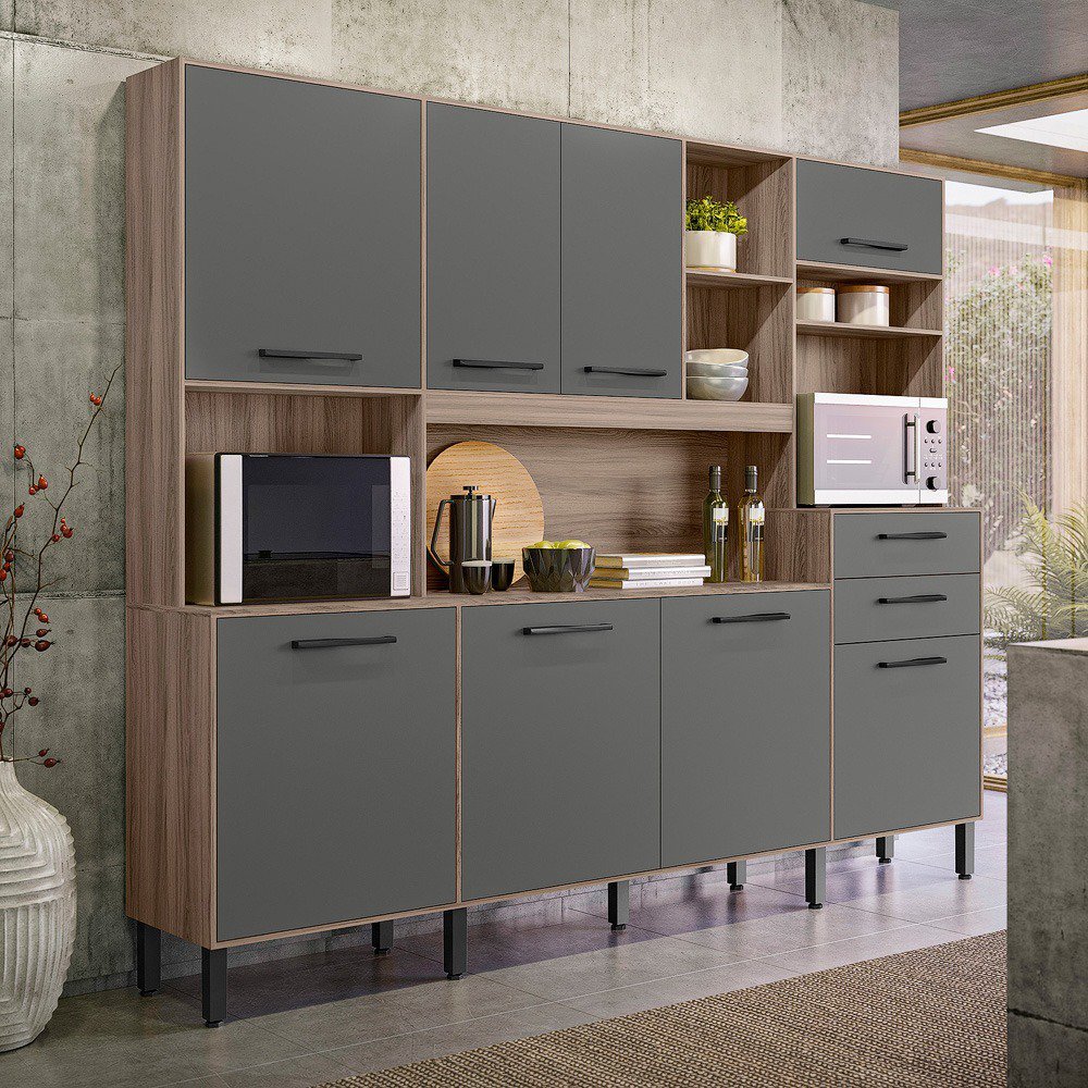 Kit Cozinha Hortelã 8 Portas Carvalho Nature/Chumbo - Nicioli