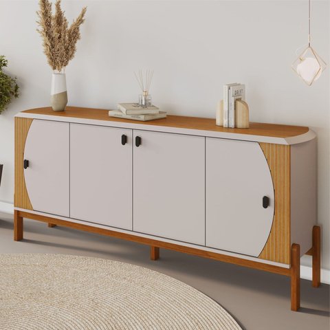 Buffet Balcão Aparador 4 Portas 1,81m Pés Madeira Maciça Tampo Chanfrado Selene Off White/Cinamomo