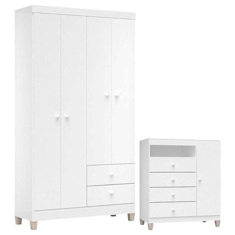 Cômoda e Guarda Roupa 4 Portas Ternura Baby Branco Flex - Incorplac