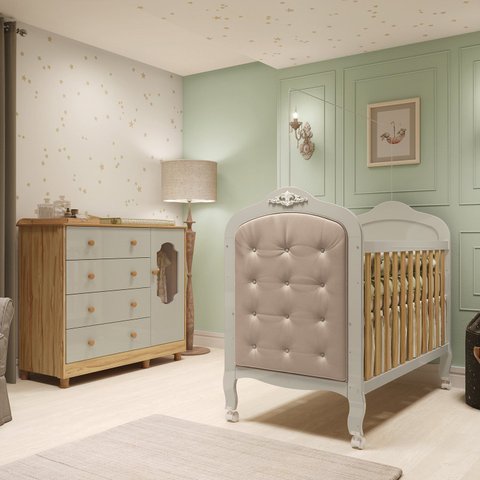 Quarto de Bebê Cômoda Berço 3 em 1 Capitonê MDF Maya Provençal Yescasa