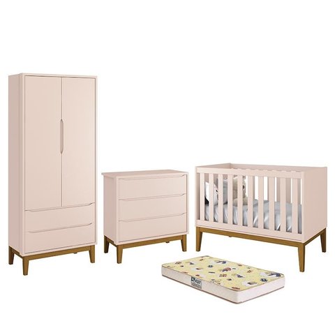 Dormitório Infantil Classic 2 Portas, Cômoda, Berço Rosa com Pés Amadeirado e Colchão D18 - Reller M