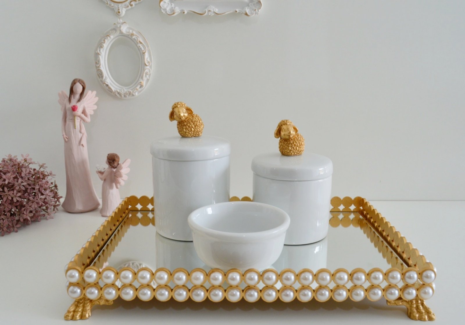 Kit Higiene Porcelana Bebê + Bandeja Perola - Ovelha Dourado