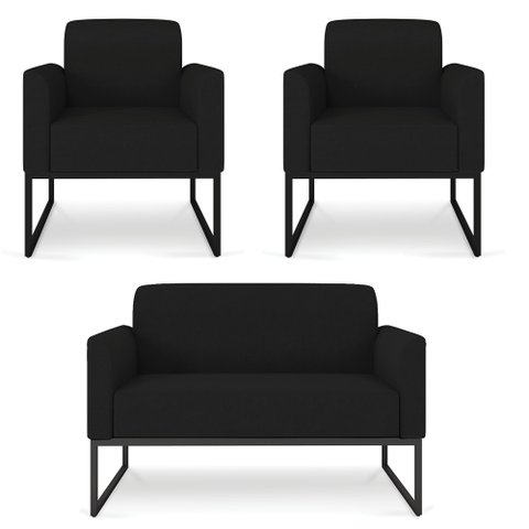 Kit Namoradeira e 2 Poltronas Decorativas Base Industrial Preta Maressa A79 Linho Preto - Ibiza