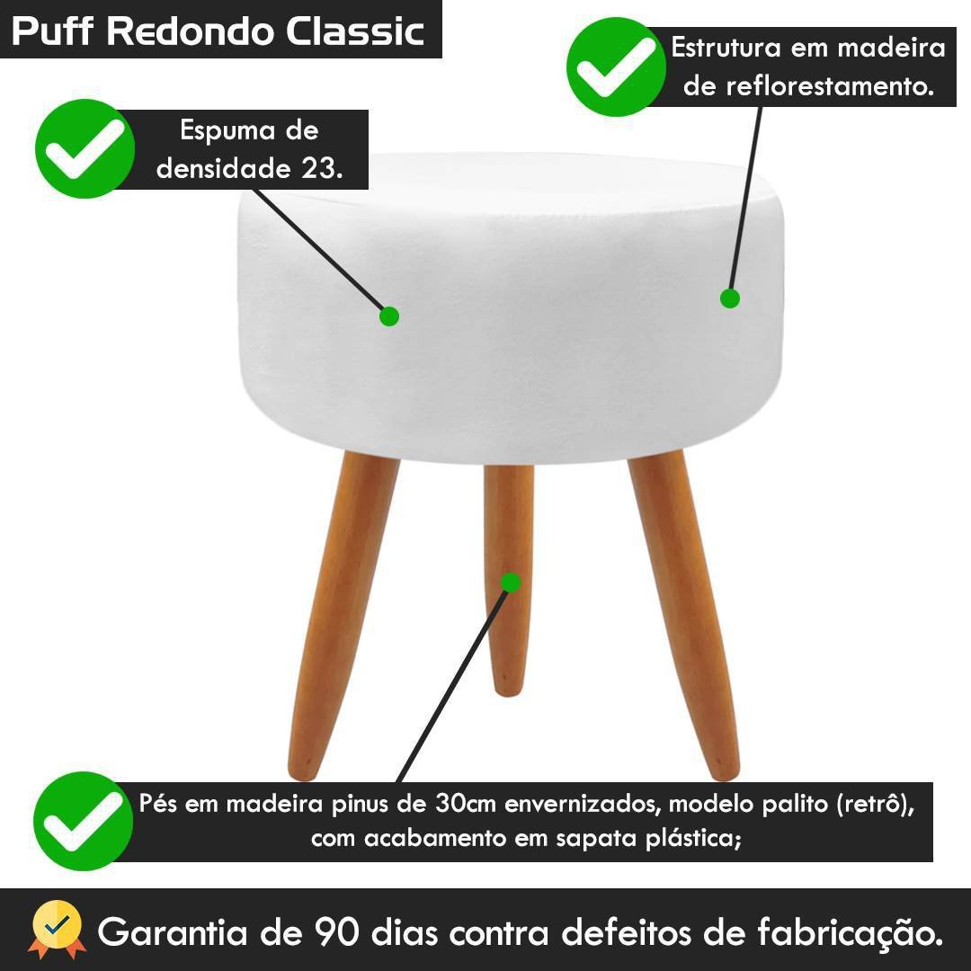 Puff Banqueta Redondo Classic Suede Para Sala Quarto Escritório:Branco - 4