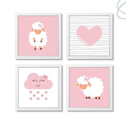Quadro Decorativo Infantil Quarto de Menina Ovelhinha:branca