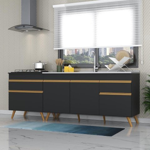 Kit 2 Balcões Gabinete Pia 150 Cm E Cooktop 70 Cm Preto