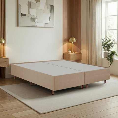 Cama Base Box King Estofada em Madeira Maciça Base Reforçada Santorini Espresso Móveis Bege/Dourado