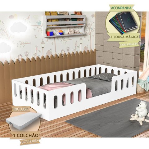 Cama Helo Solteiro com Colchão Branca Incluso Lousa Mágica Branco
