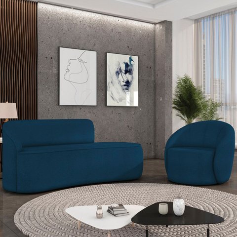 Sofá 2 Lugares 140cm Wendi e Poltrona Steve Boucle Azul I01 - Mpozenato