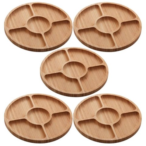 Kit 5 Petisqueiras de Bambu Redonda 5 Divisórias 25cm Lyor Round Aperitivos Tábua Servir Petiscos