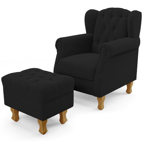 Poltrona de Amamentação Yara P02 com Puff Paris Luis Xv L02 Bouclê Preto - Lyam Decor