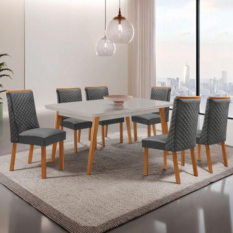Conjunto de Jantar Copper com Cadeiras Yasmin 6 Lugares Tampo MDF Grafite 180cm Moderna