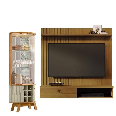Estante Home Theater Suspenso Íris Cumaru com Cristaleira Marina Cumaru Opala – Madetec