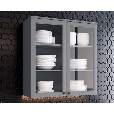 Armário de Cozinha Modulado Americana 2 Portas Vidro 80cm Cinza - Henn