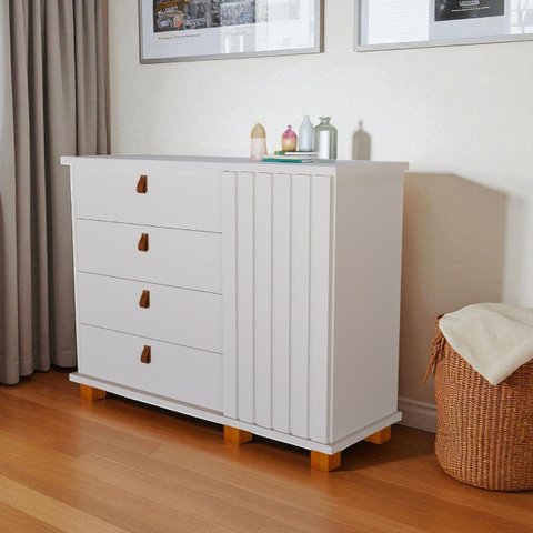 Cômoda para Quarto Talisma 4 Gavetas com Porta Ripada Sapateira Multiuso Gaveteiro:branco
