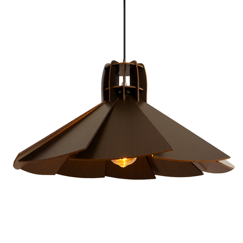 Luminária Pendente Madeira Rustico Prato Aletado Grande Cor:café