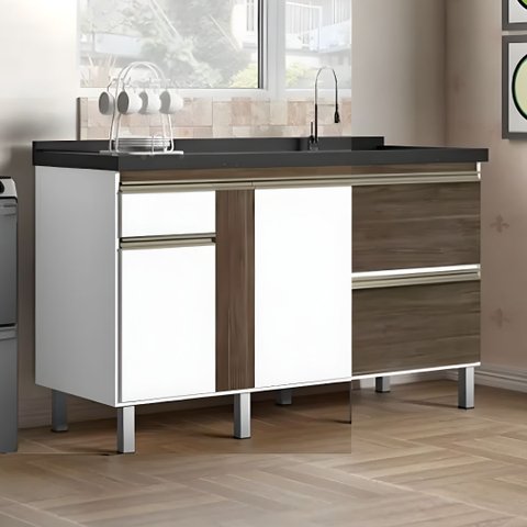 Gabinete Cozinha 100% MDF Armário Pia 144cm Portas e Gavetas: Avelato/Branco