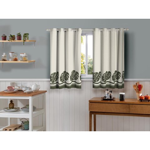 Cortina De Cozinha Em Tecido Linhão 2,00m x 1,20m Folhas Verdes