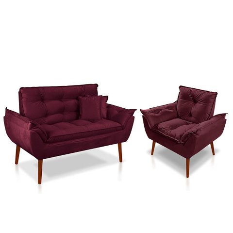 Kit 01 Poltrona + 01 Namoradeira Opala + 02 Almofadas Suede Bordo -rv Decora