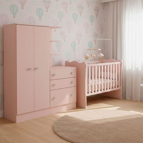 Berço Americano com Guarda Roupa Doce Sonho MDP Colchão Incluso Rosa Qmovi