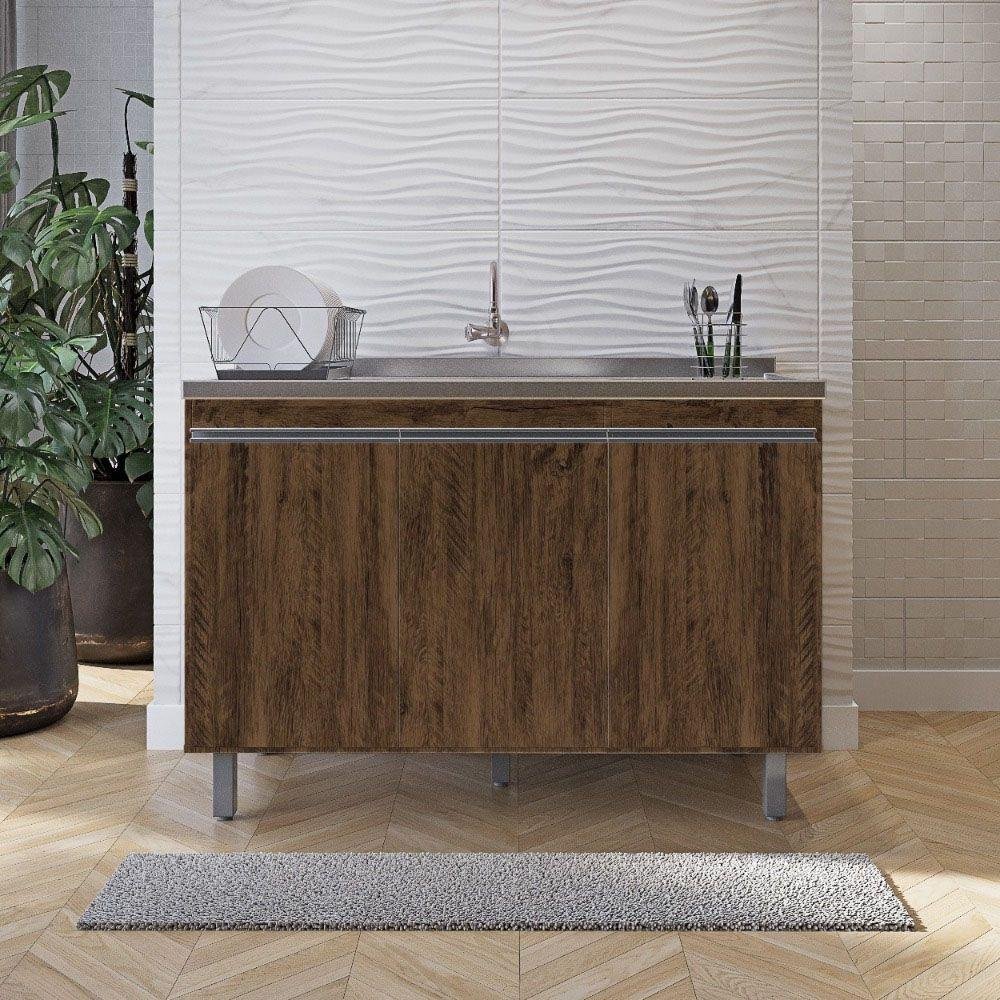 Balcão Gabinete de Pia sem Tampo 120cm 3 Portas Malu - Nathan Móveis Cor Chocolate